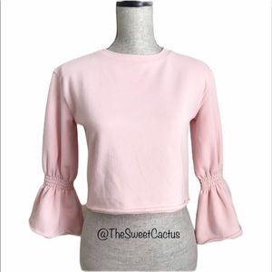 Tucker Tate Pink Crop Bell Sleeve Ruffle Sweatshirt Pullover Top Medium